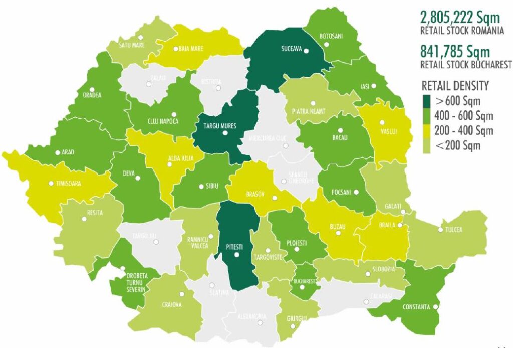 Harta densităţii de spaţii comerciale din România