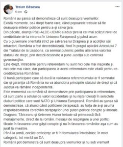 Traian Băsescu, postare pe Facebook