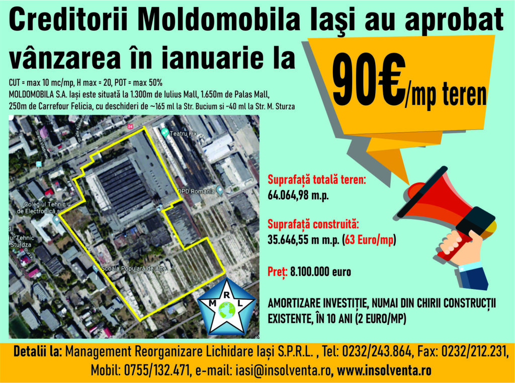 Creditorii Moldomobila Iași au aprobat vânzarea în ianuarie la 90 euro/mp teren (P)