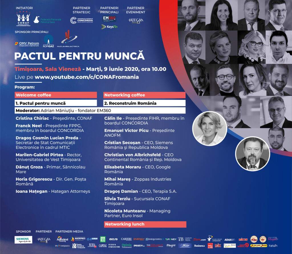 PACTUL PENTRU MUNCĂ – ÎMPREUNĂ RECONSTRUIM ROMÂNIA Prima conferință interactivă va avea loc pe 9 iunie, la Timișoara