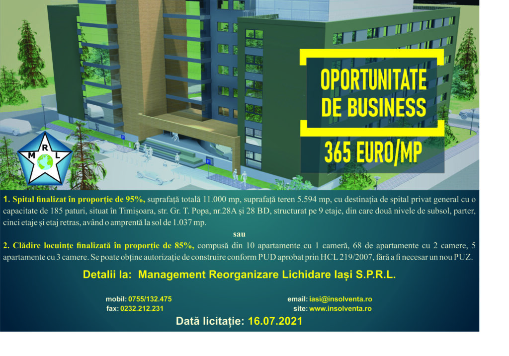 Oportunitate de business în Timișoara. M.R.L. Iași vinde clădire spital (nefinalizată) convertibilă în bloc de locuințe (P)