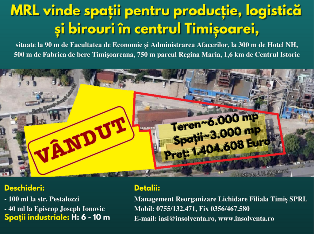 Pestalozzi, centrul Timisoarei, MRL filiala Timis vinde spatii de birouri, logistica si productie (P)