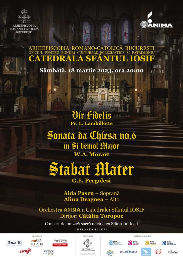 Arhiepiscopia Romano-Catolică București va organiza în data de 18 martie 2023, la Catedrala Sfântul Iosif, evenimentul cultural-religios „Concert de muzică sacră”