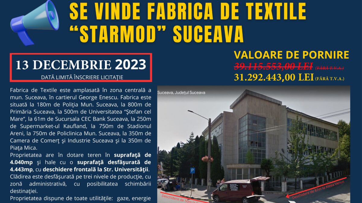 Se vinde fabrica de textile Starmod din Suceava