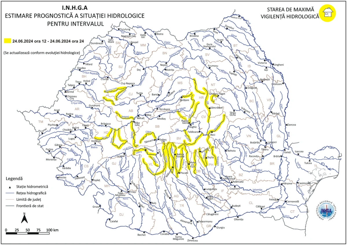 Harta Atentionare hidrologica nr. 54 din 24.06.2024