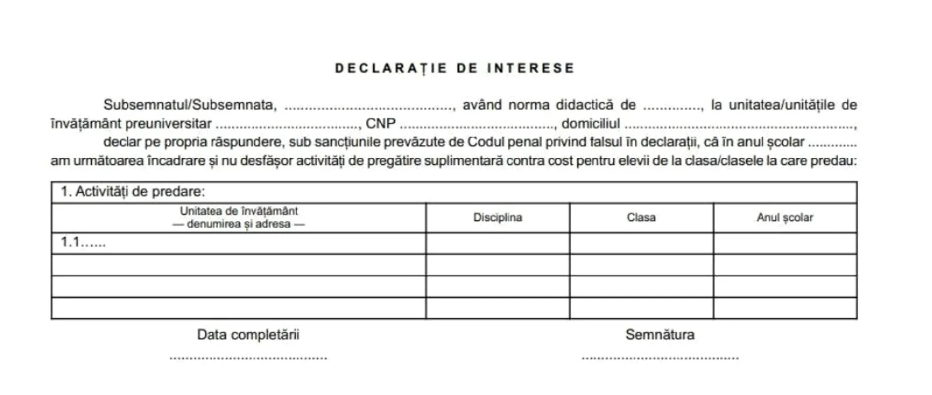 declarația de interese