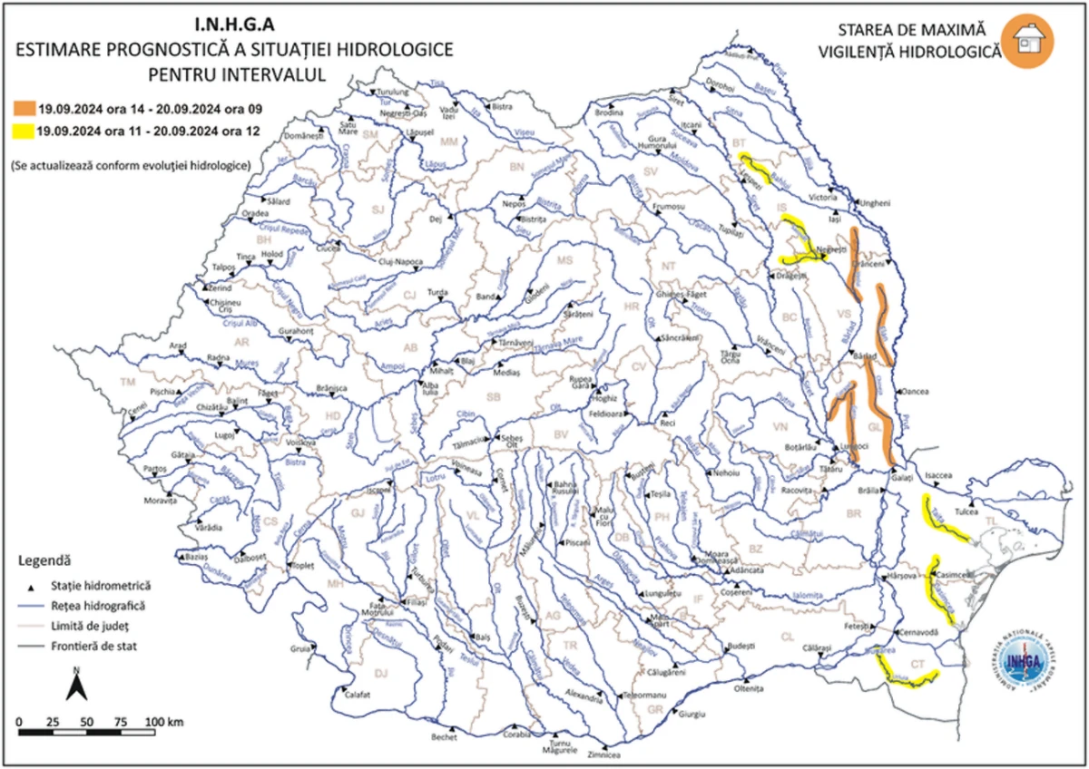 INHGA: Coduri hidrologice actualizate pentru Moldova și Dobrogea: Avertismente de inundații în vigoare