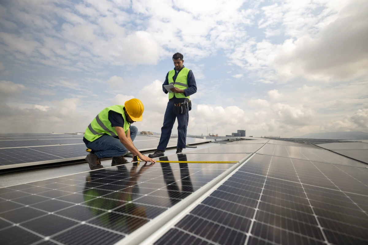 Engineers measuring solar panels on a rooftop