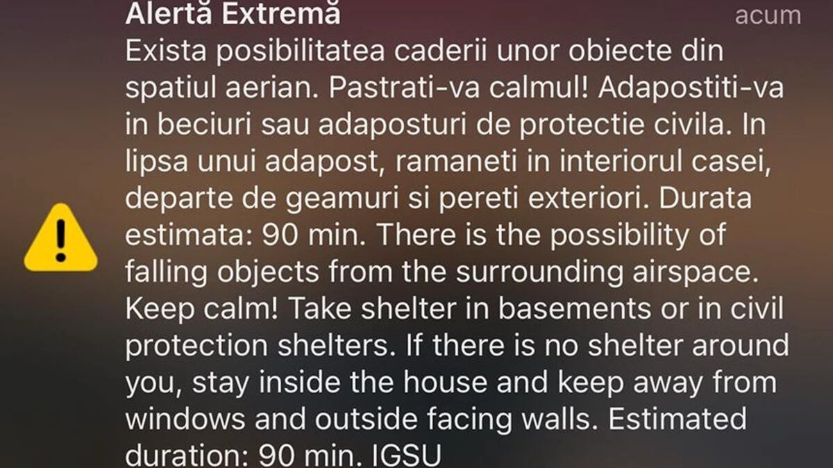 Mesaj RO-Alert: Păstraţi-vă calmul! Adăpostiţi-vă în beciuri sau adăposturi de protecţie civilă