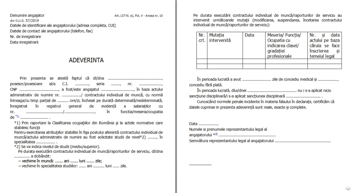 adeverinta vechime model