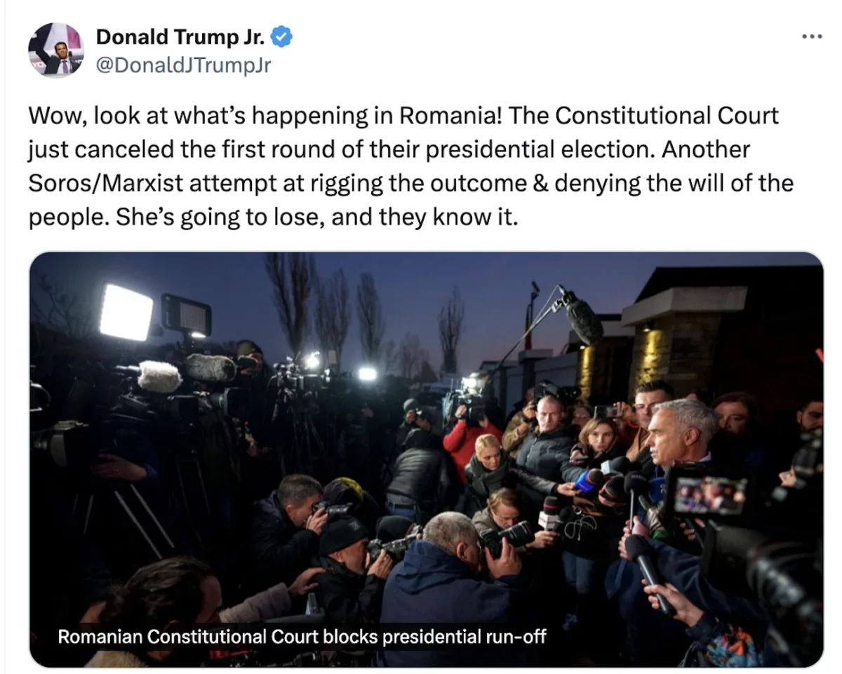 Donald Trump Jr., reacție după decizia Curții Constituționale: O încercare Soroș/Marxistă de a submina voința poporului român