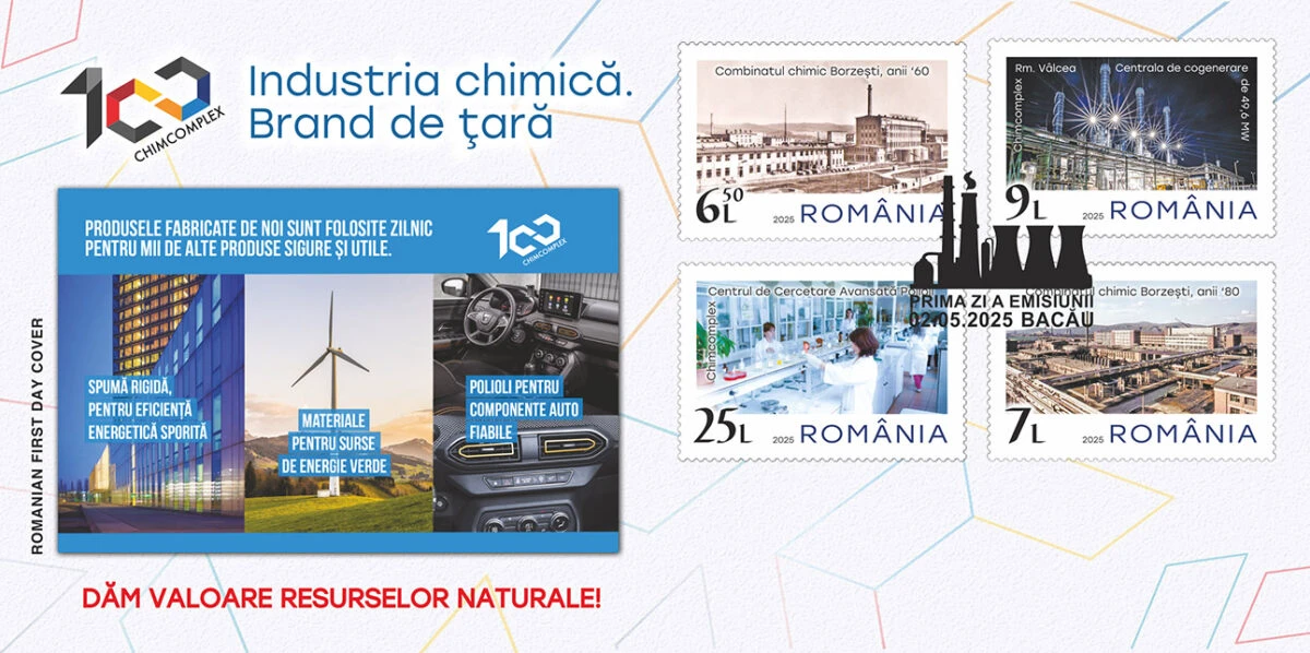 Romfilatelia introduce în circulație, vineri, 2 mai, emisiunea filatelică „Industria chimică. Brand de țară”