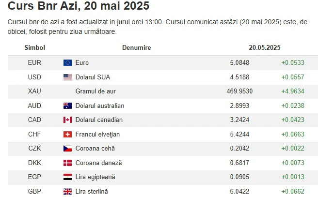 captură curs valutar, BNR