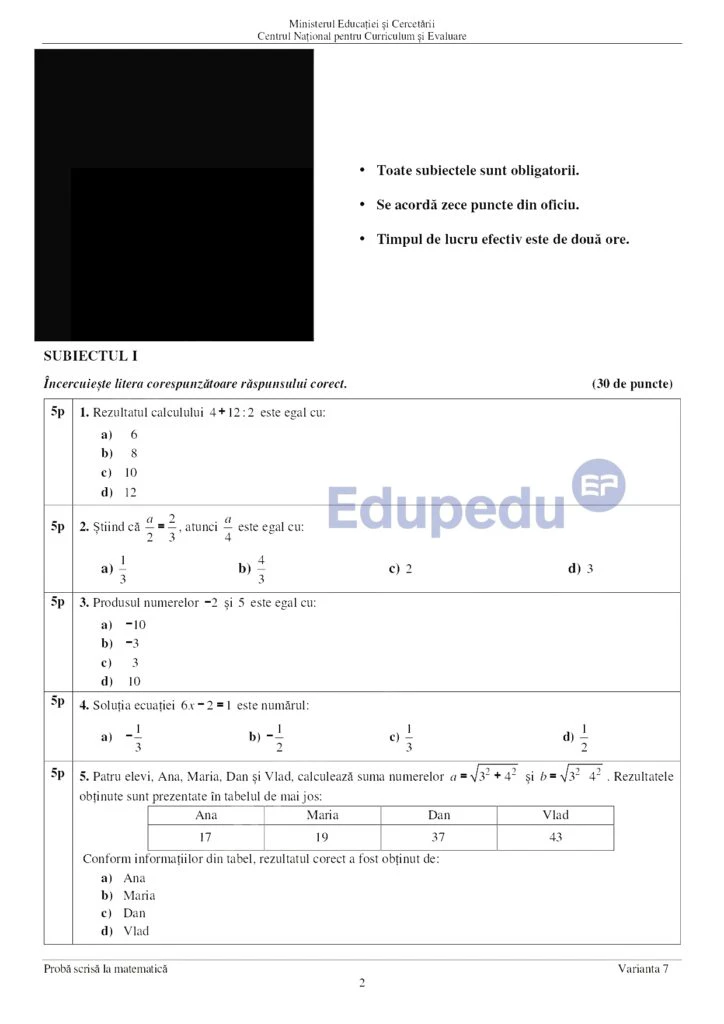 SUBIECTE MATEMATICĂ EVALUARE NAŢIONALĂ 2025
