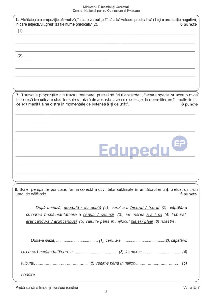 SUBIECTE ROMÂNĂ EVALUARE NAŢIONALĂ 2025