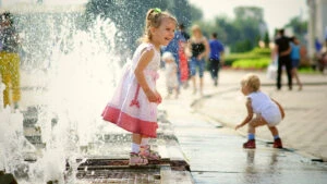 copii, fantana, vara, oras