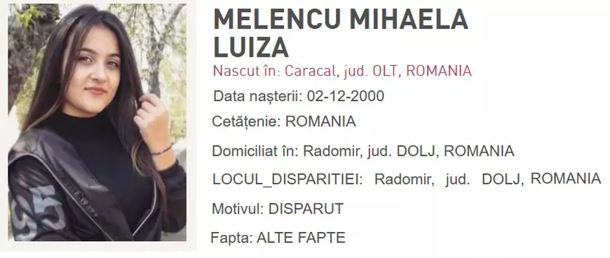 Luiza Melencu, anunt disparitie