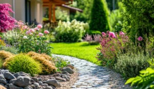 casa la curte, flori, plante, copaci in gradina 1