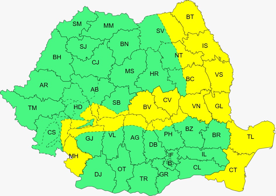 Cod galben pentru Moldova, Dobrogea, sud-estul Transilvaniei şi vestul Olteniei