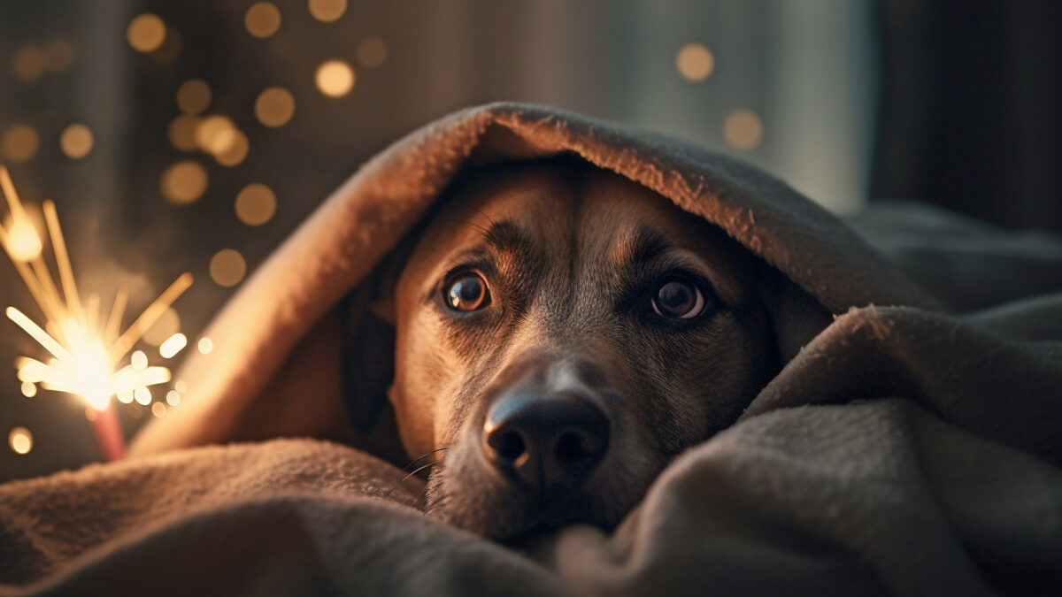 artificii, catel speriat de artificii, revelion