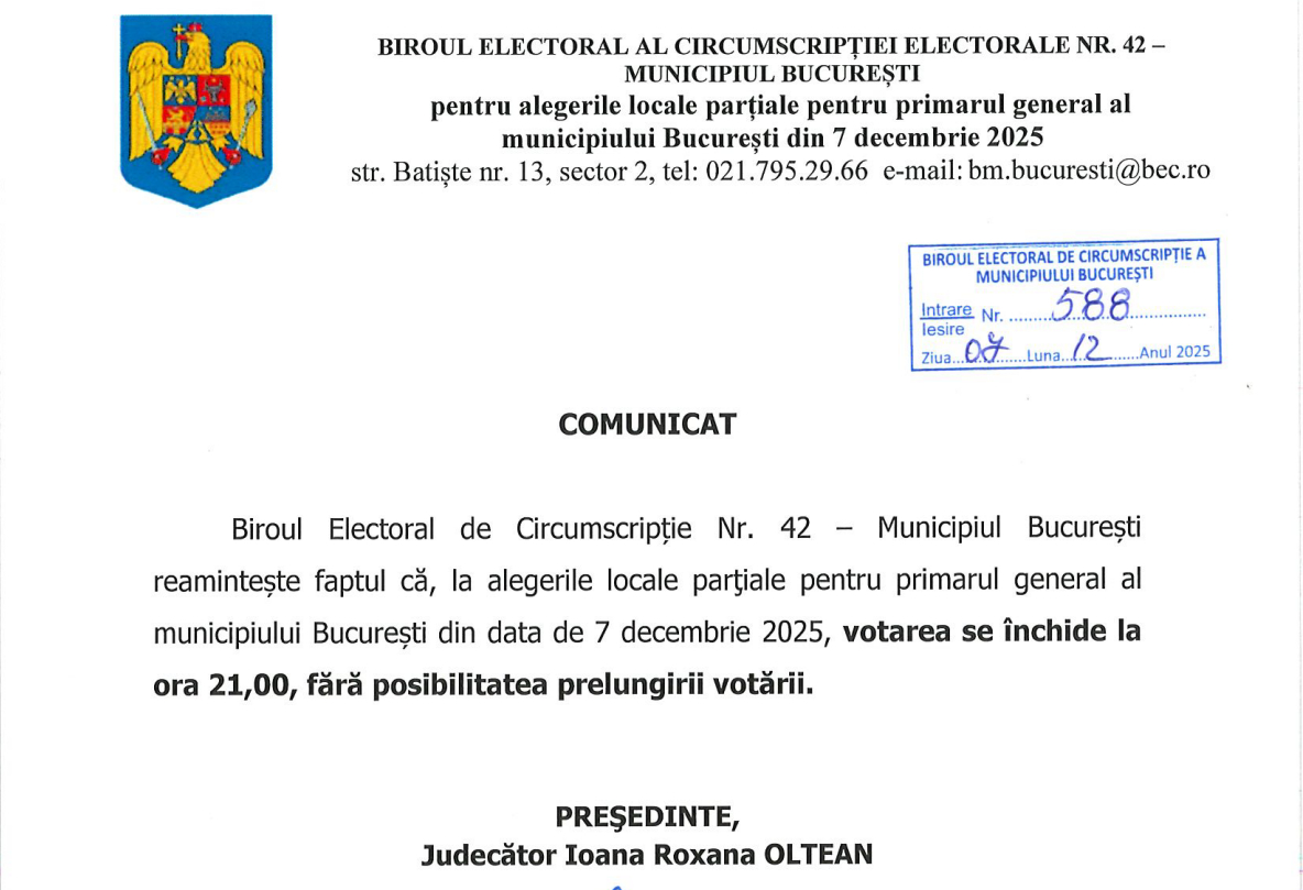 Biroul Electoral București stabilește ora de închidere a secțiilor de votare