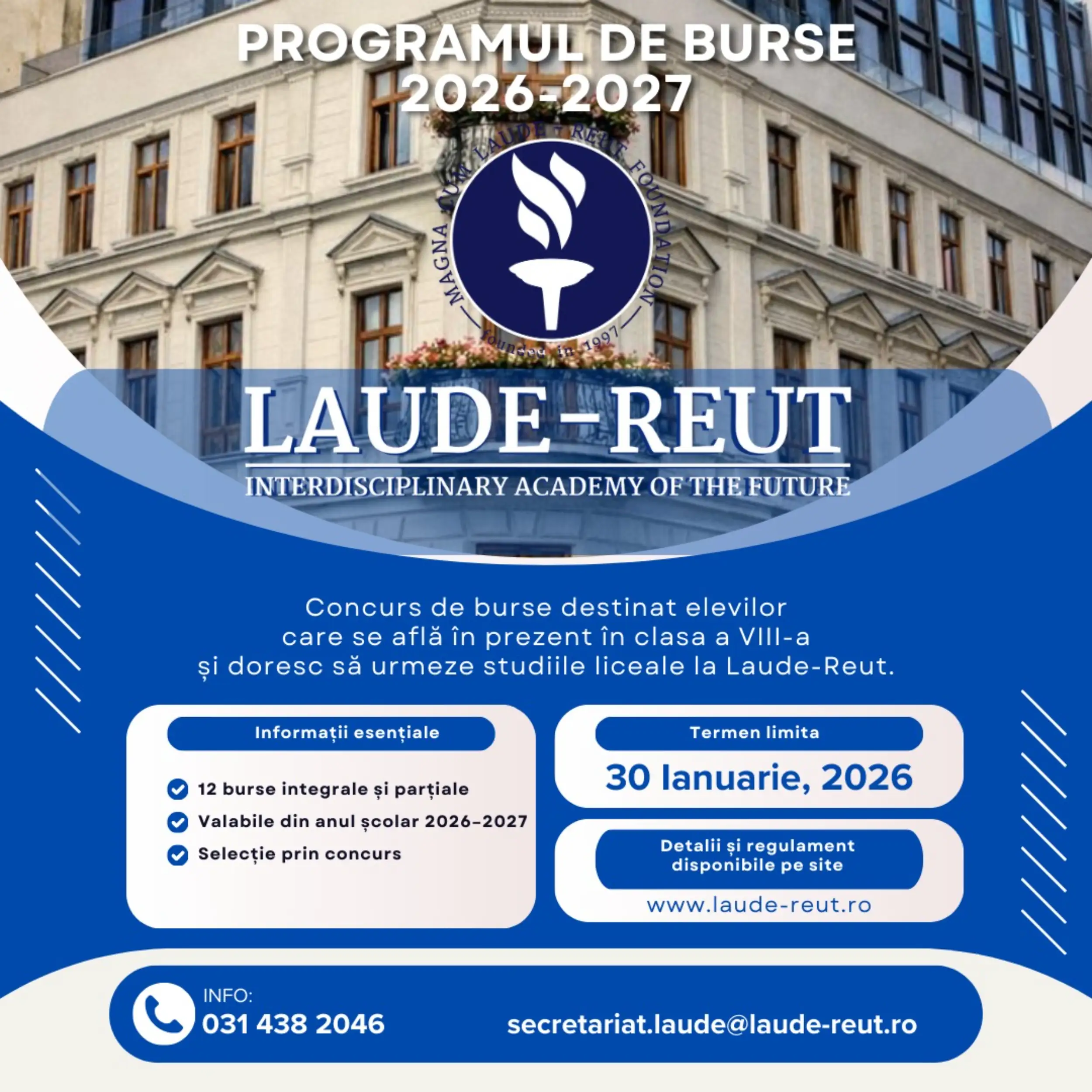 Complexul Educațional Laude-Reut lansează PROGRAMUL DE BURSE „O șansă pentru viitorul tău” pentru elevii de clasa a VIII-a – admitere liceu 2026–2027