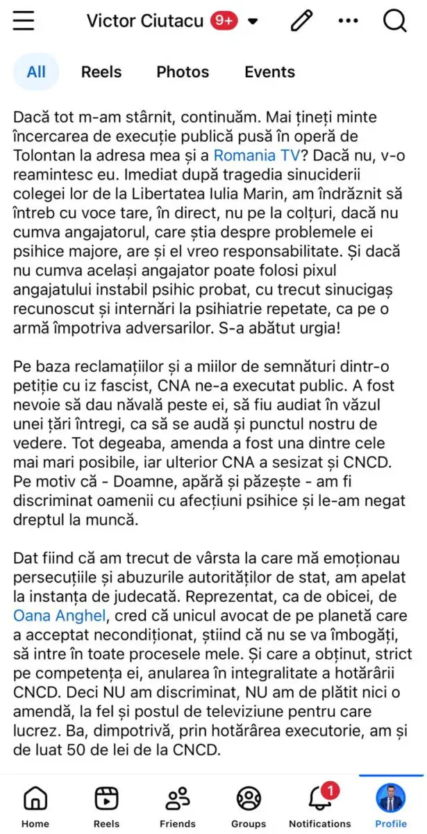 Postare Victor Ciutacu