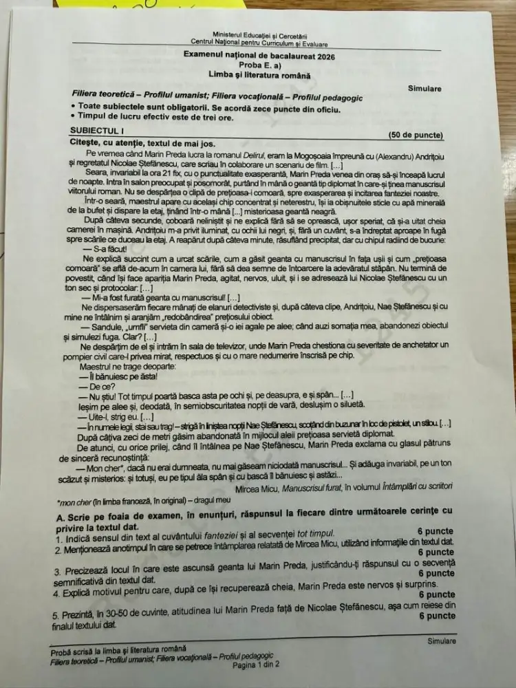 Subiecte Simulare BAC 2026, Limba română, profil uman (1)