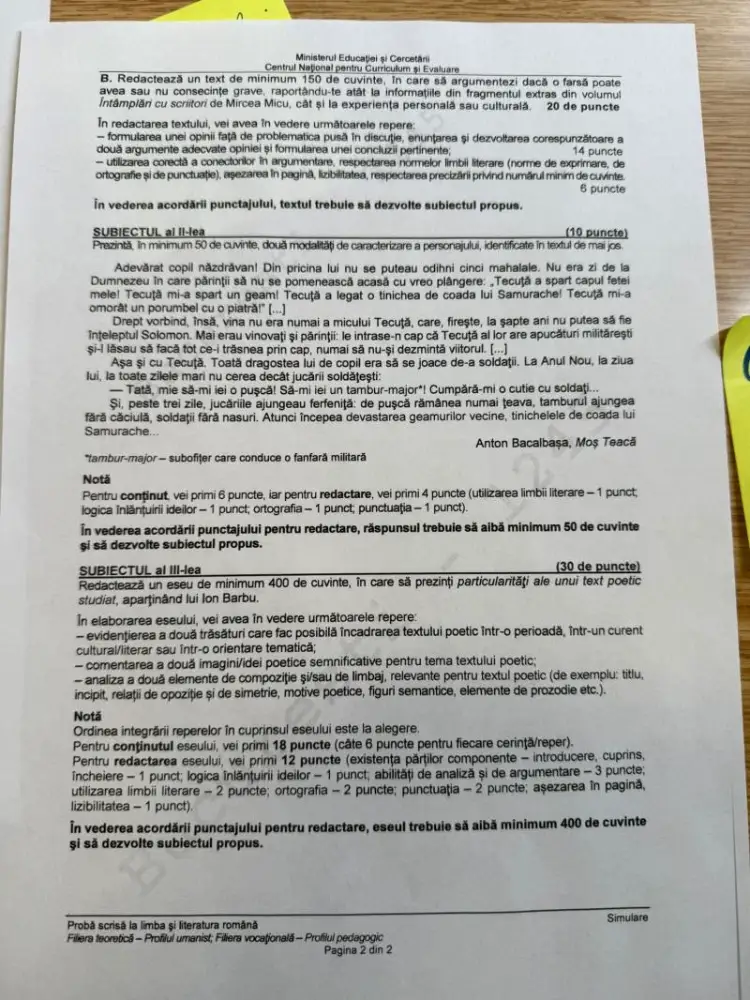 Subiecte Simulare BAC 2026, Limba română, profil uman (2)