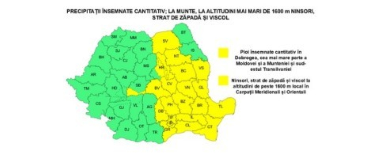 Cod Galben de ploi, ninsori și viscol. ANM a dat alerta în 20 de judeţe. Strat de zăpadă de 10-20 de cm