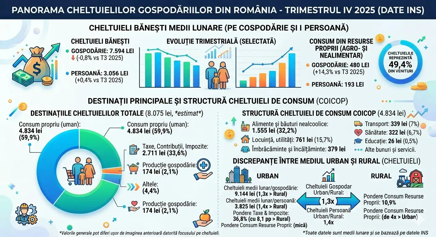 Cheltuielile medii lunare ale gospodăriilor au crescut ușor în trimestrul IV 2025, consumul și taxele reprezentând principalele destinații