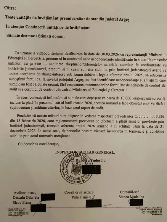 Școlile din Argeș, avertizate să nu achite sume peste 10.000 leiangajat