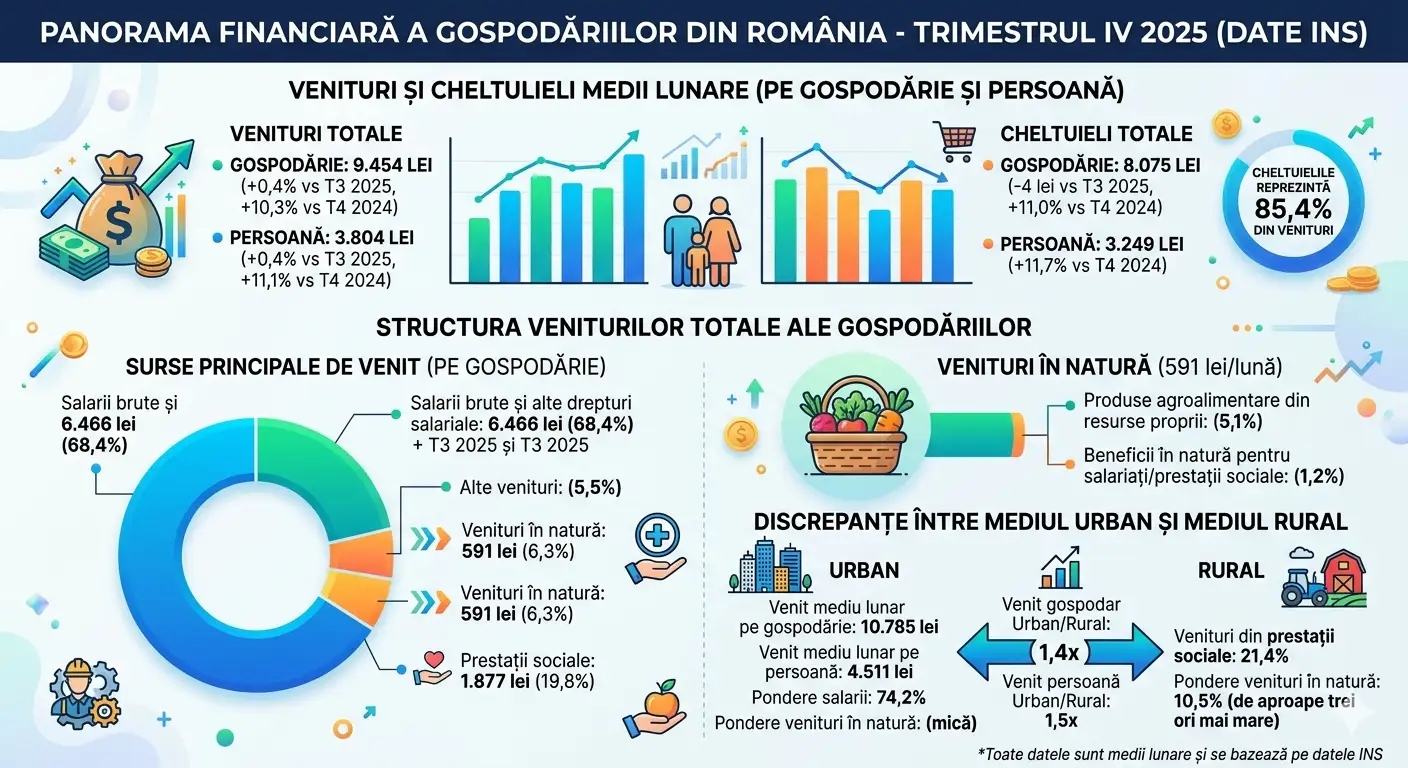 Veniturile medii lunare ale gospodăriilor au crescut în trimestrul IV 2025 cu peste 10%, față de anul precedent