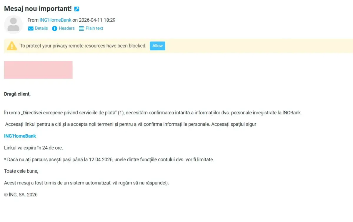 Mailul fals trimis în numele ING