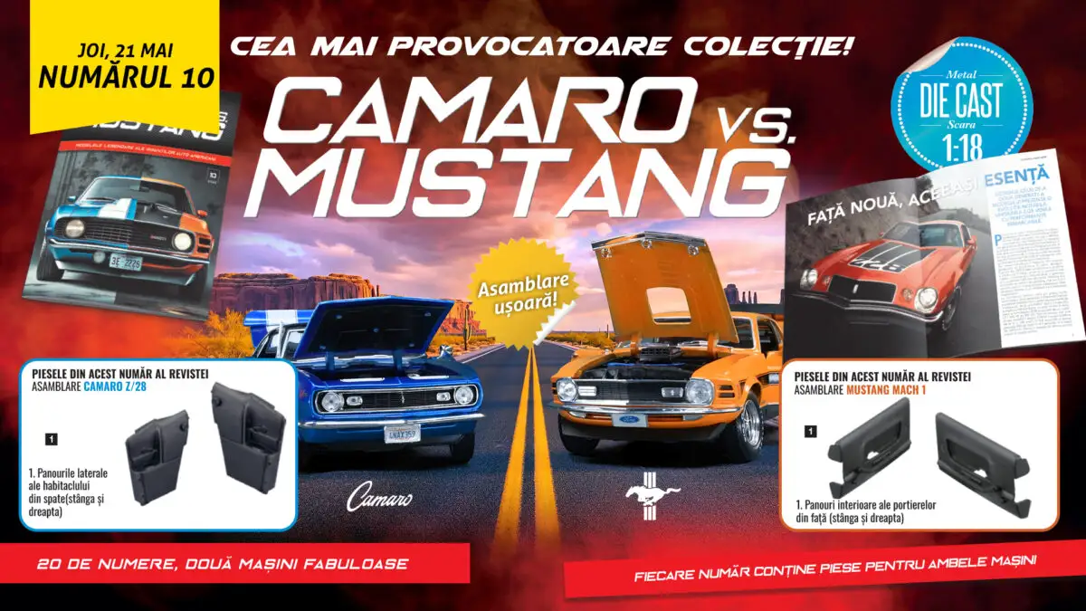 Rivalitatea „Camaro vs.Mustang” capătă noi dimensiuni  în numărul 10 al colecției. De joi, la toate chioșcurile, găsiți revista și piese noi pentru cele două machete!