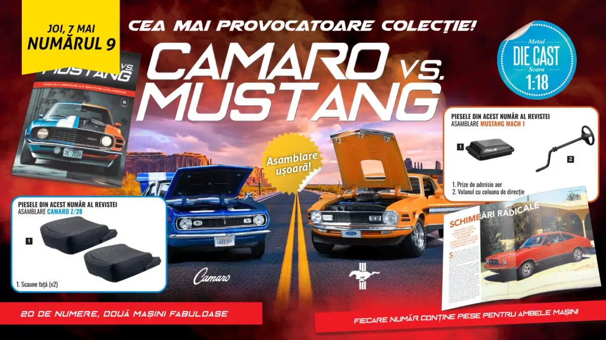 Istoria “Camaro vs. Mustang” continuă în nr. 9 al colecției, cu piese noi pentru machete. De joi, la chioșcuri!