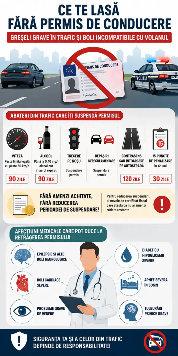 Ce abateri sau boli te pot lăsa fără permis de conducere