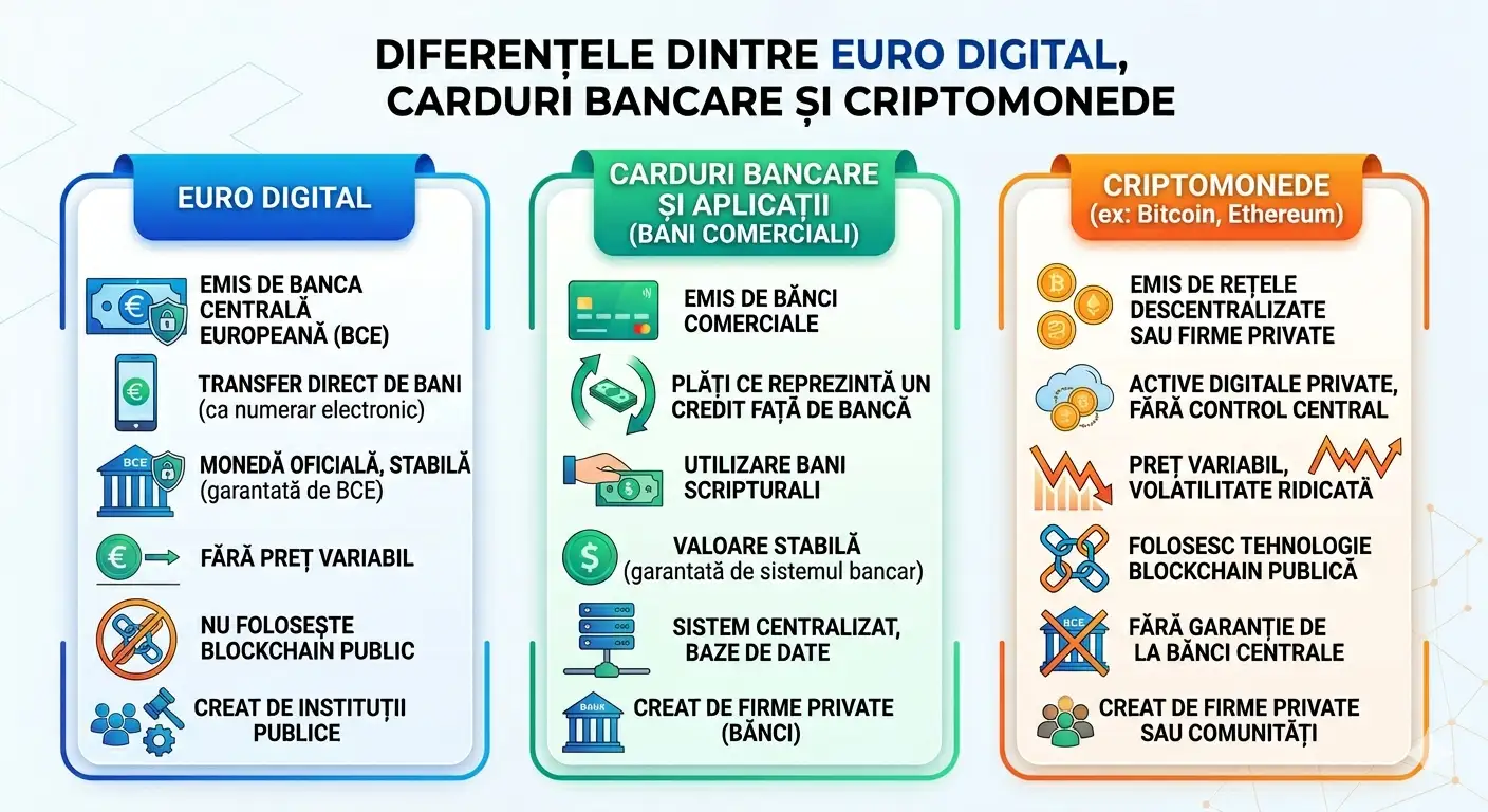 Diferențele dintre euro digital, cardurile bancare și criptomonede