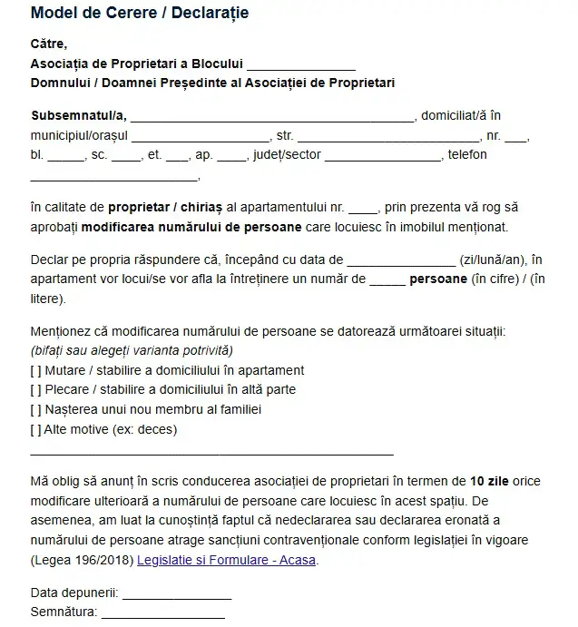 Model declaratie schimbare numar de persoane la asociatie