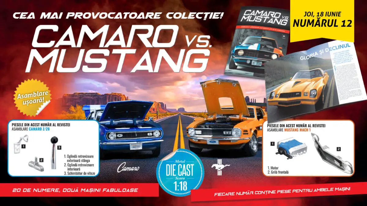 Un nou episod din istoria rivalității „Camaro vs.Mustang”, în numărul 12 al colecției. De joi, la toate chioșcurile, găsiți revista și piese noi pentru cele două machete!