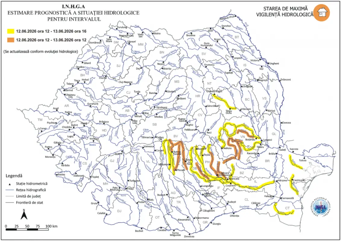 Cod Galben și Cod Portocaliu de inundații, 13 iunie 2026