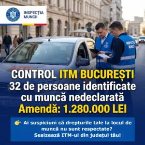 Amendă record de 1,28 milioane de lei pentru o firmă de ride-sharing din București, după depistarea a 32 de angajați la negru