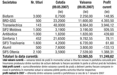 Profitul portofoliului virtual capital în 2007 2.996,70 lei (5,93%)