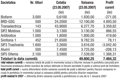Profitul portofoliului virtual capital în 2007 -768,60 lei (-1,52%)