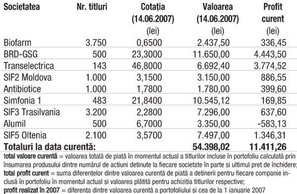 Profitul portofoliului virtual capital în 2007 3.829,17 lei (7,57%)