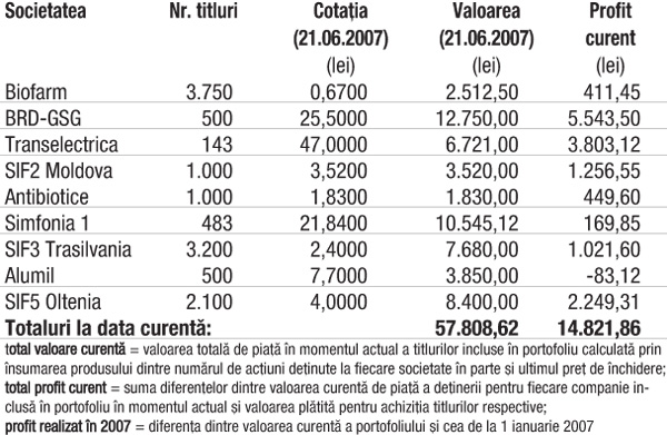 Profitul portofoliului virtual capital în 2007 7.239,77 lei (14,32%)