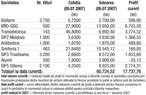 Profitul portofoliului virtual capital în 2007 10.155,67 lei (20,08%)