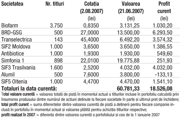 Profitul portofoliului virtual capital în 2007 10.212,48 lei (20,20%)