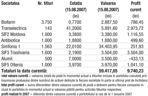 Profitul portofoliului virtual capital în 2007 8.848,20 lei (17,50%)