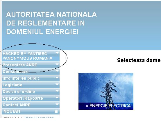 UPDATE: Site-ul ANRE a fost doborât de Anonymous România